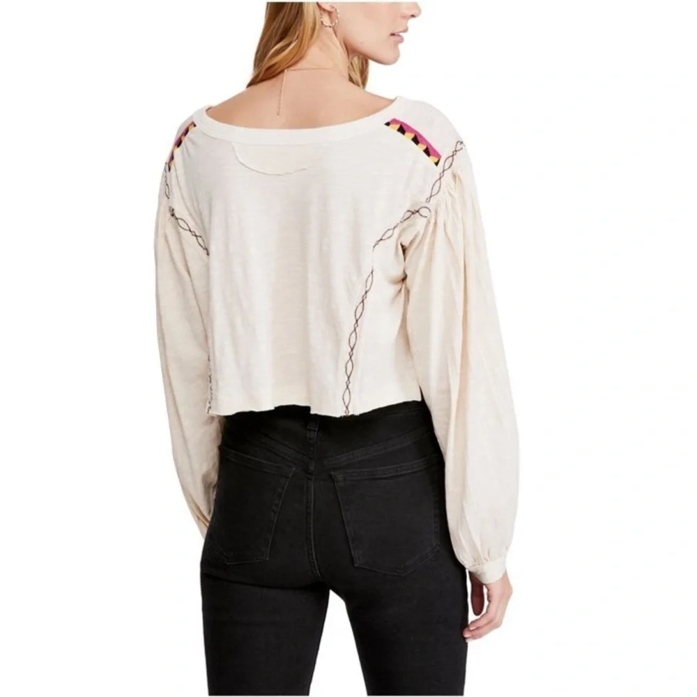 Free People Boho Embroidered Long Sleeve Hand Me Down Top